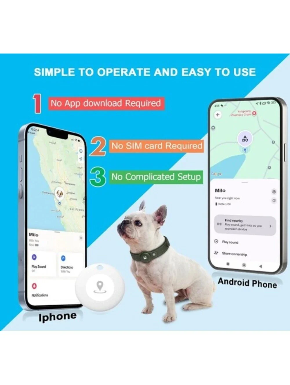 GPS Tracker for Dogs- Real-Time Pet Location Collar, Waterproof, No Subscription